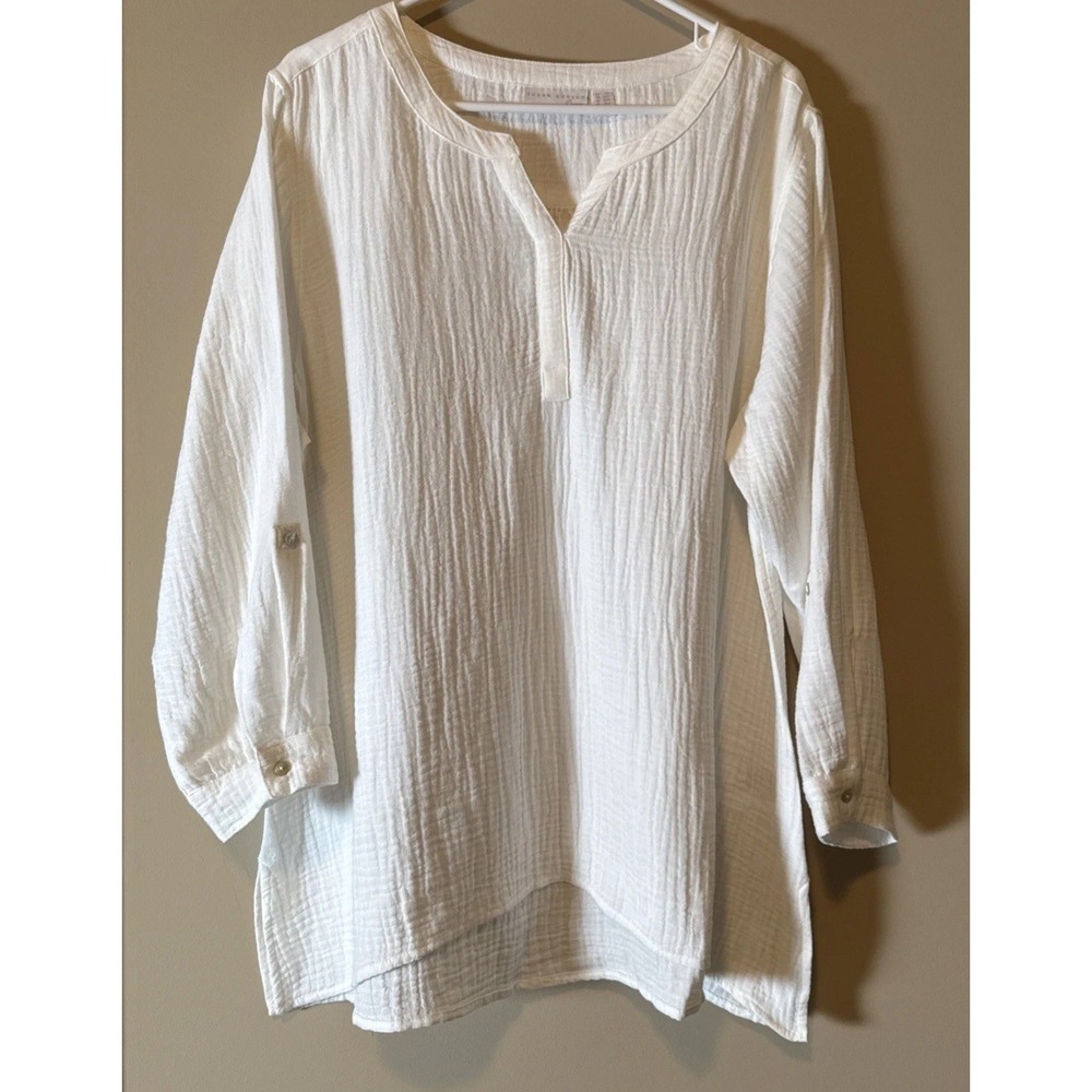 Susan Graver Women LP 100% Cotton Gauze Ivory White Roll Tab Sleeve Tunic V-Neck